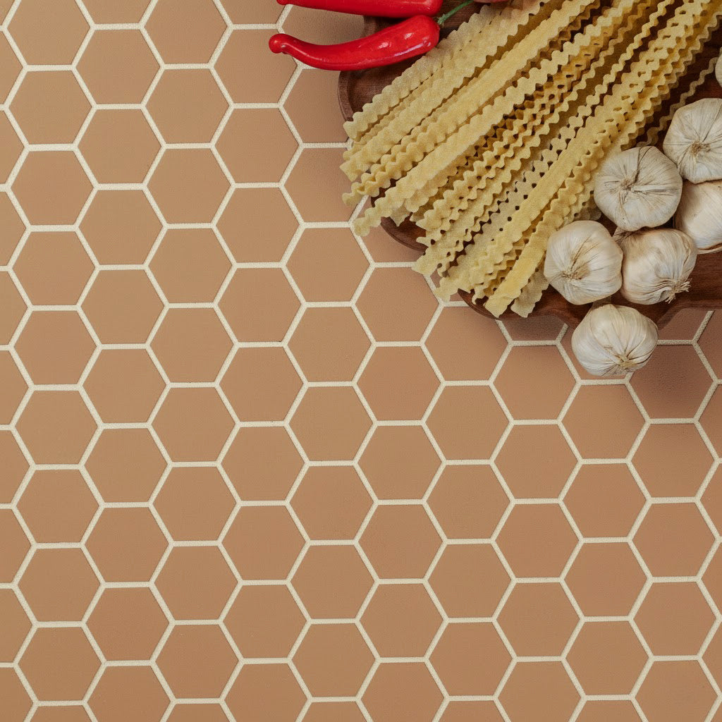 Hexagonal terracotta tiles with cream grout forming a honeycomb pattern beside garlic bulbs and pasta strands