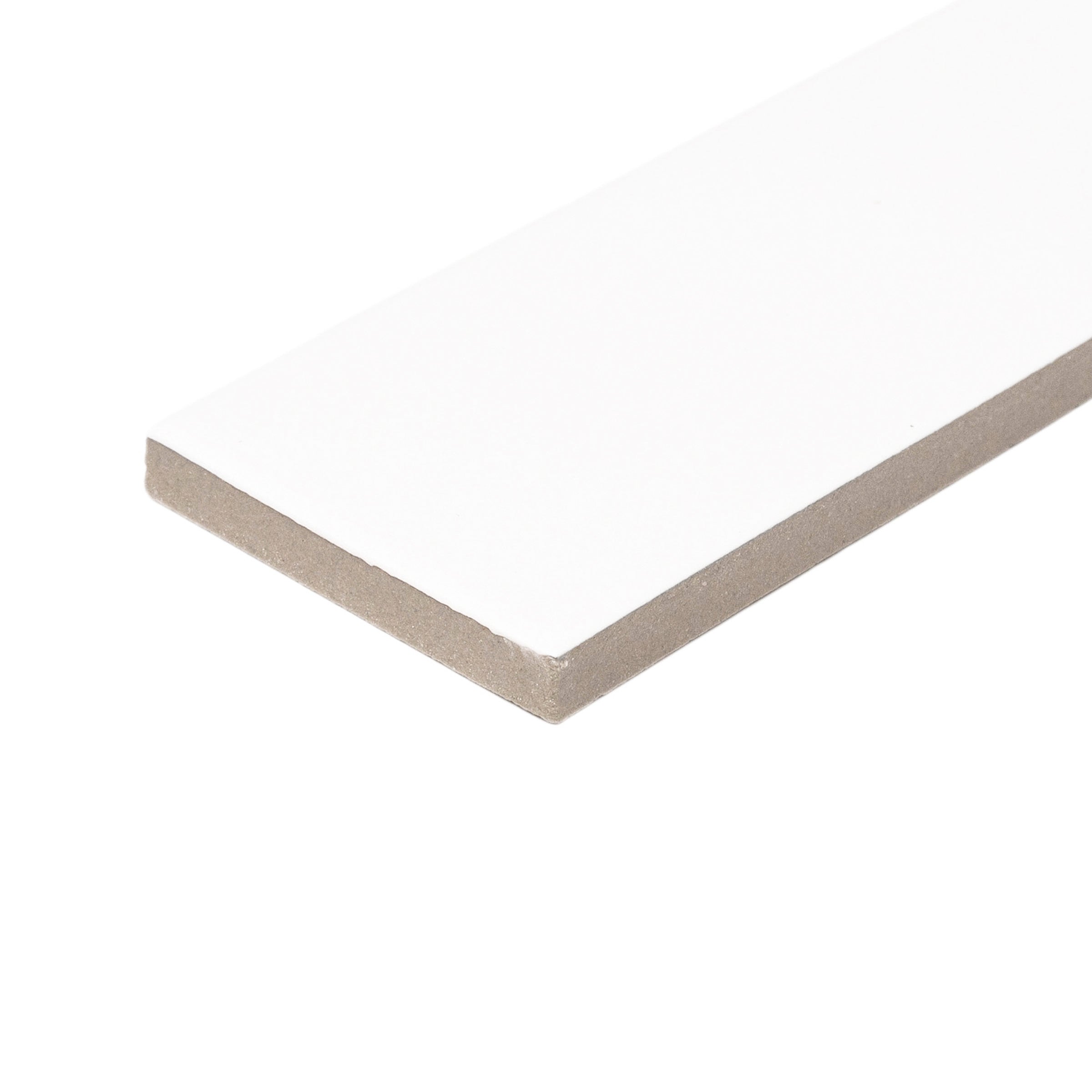 Single white matte porcelain tile with straight edges on a plain white background showcasing smooth texture