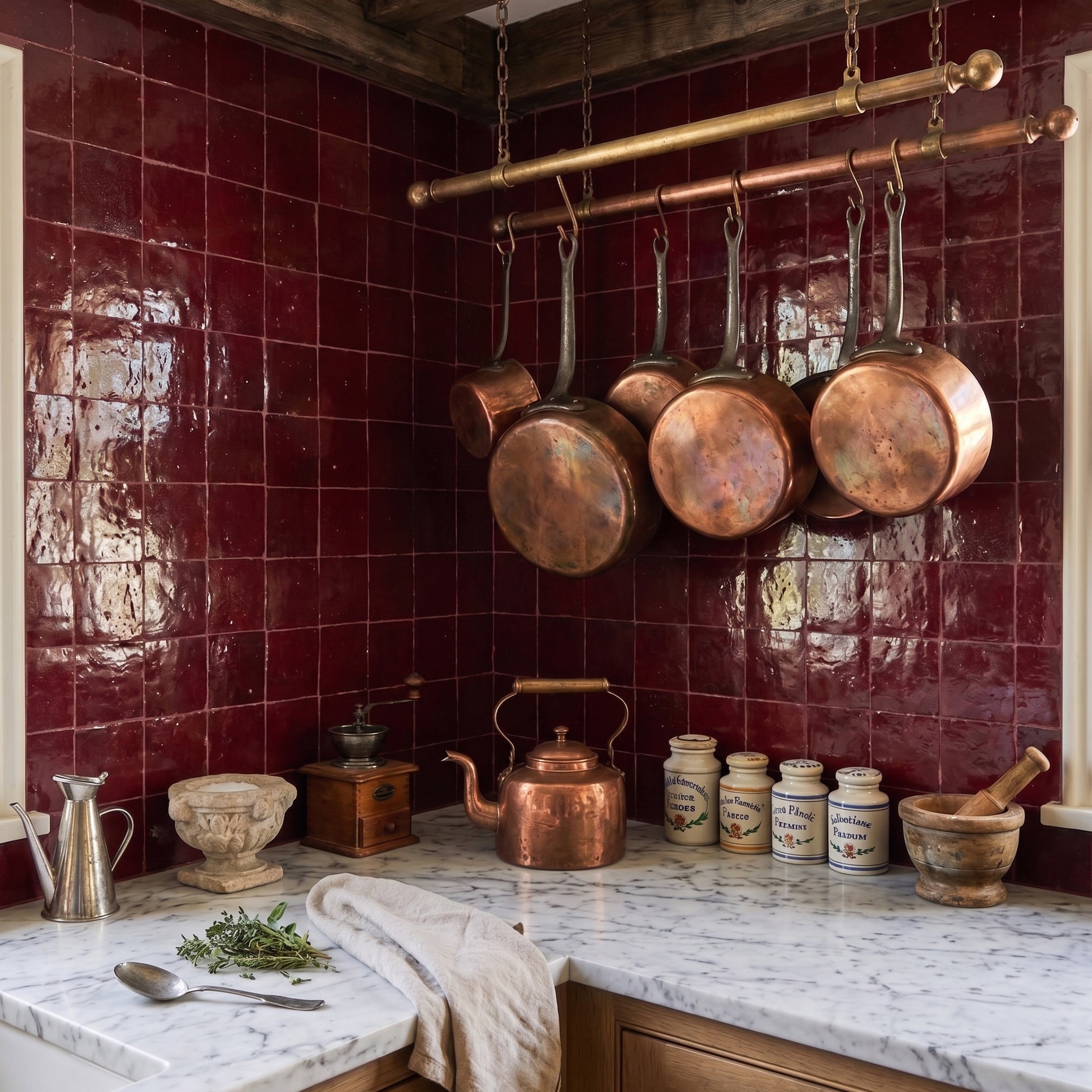 Oxblood Glazed Zellige Tile in a kitchen with copper cookware, marble countertop, and rustic accents showcasing Small Format Tiles.
