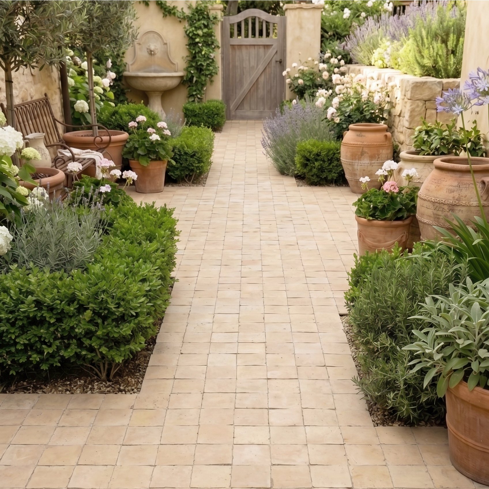 Outdoor garden pathway paved with Natural Unglazed Zellige Tile surrounded by terracotta pots and lush greenery
